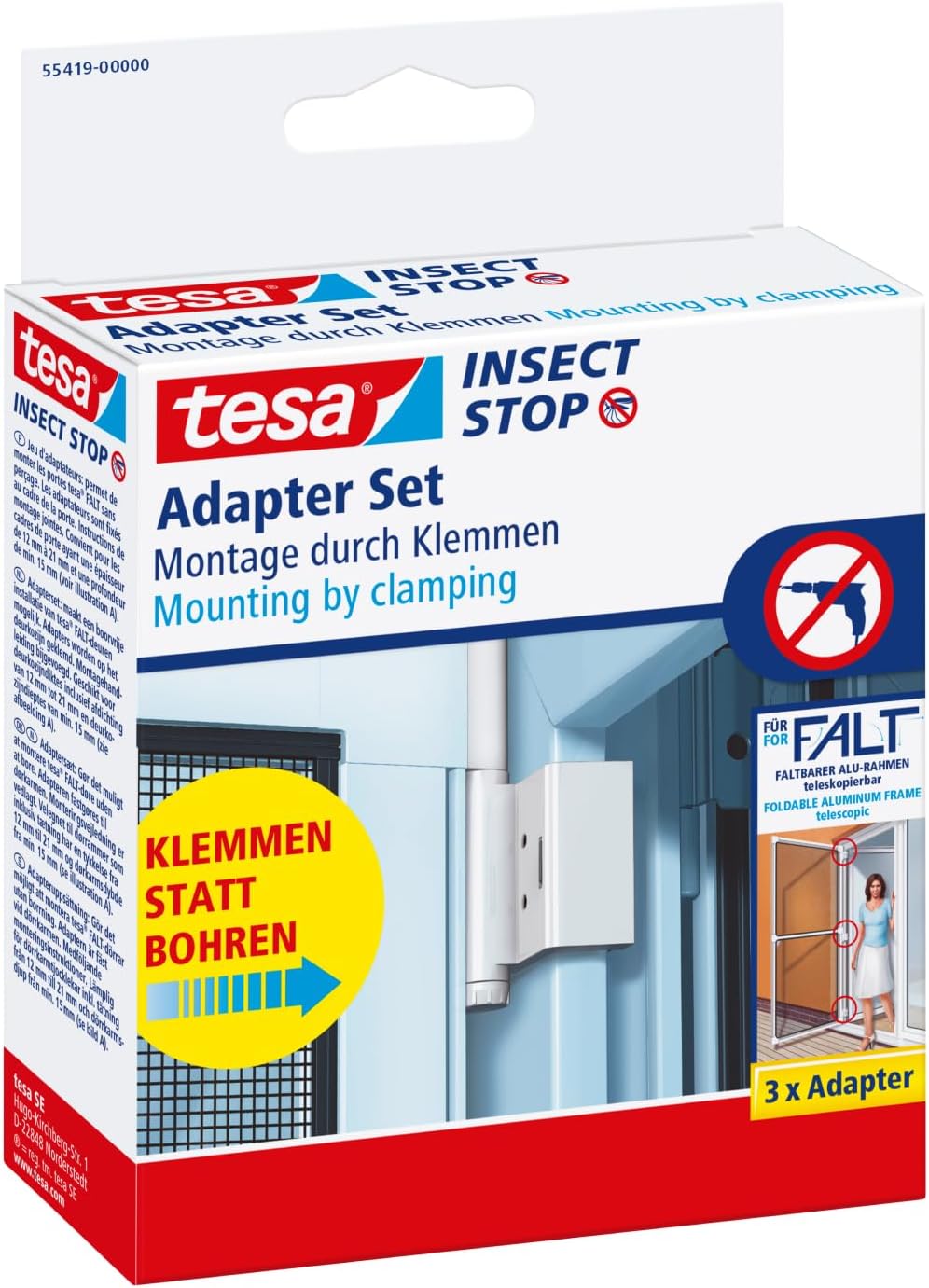 tesa Adapter Insect Stop FALT Tür für Alu-Rahmen - Tür-Klemme Insektenschutz Türrahmen ohne Bohren - Weiß