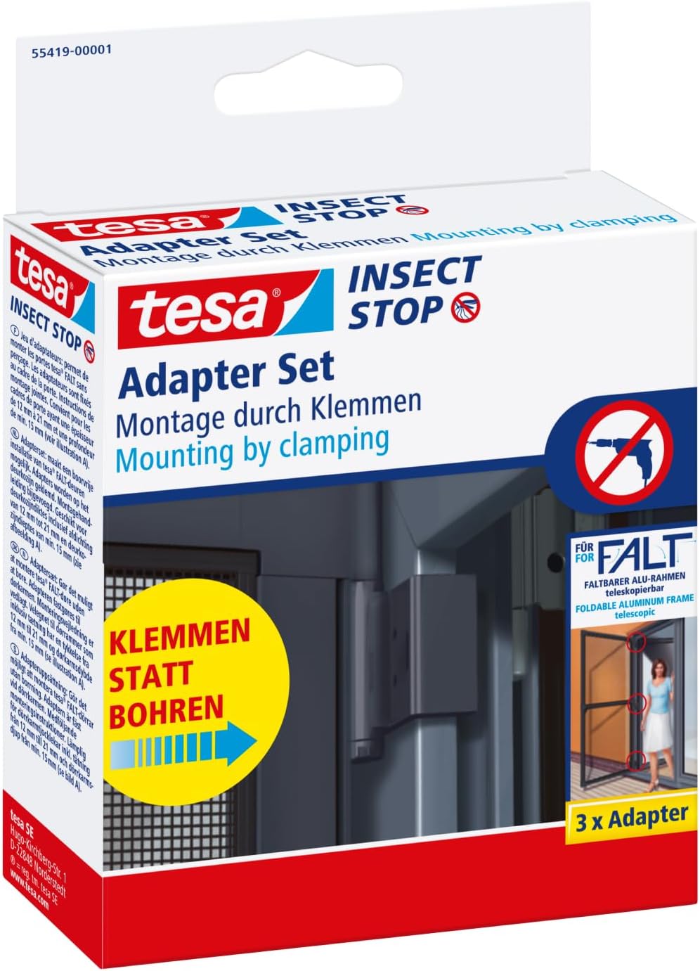 tesa Adapter Insect Stop FALT Tür Alu-Rahmen - Tür-Klemme Insektenschutz-Türrahmen ohne Bohren – Anthrazit