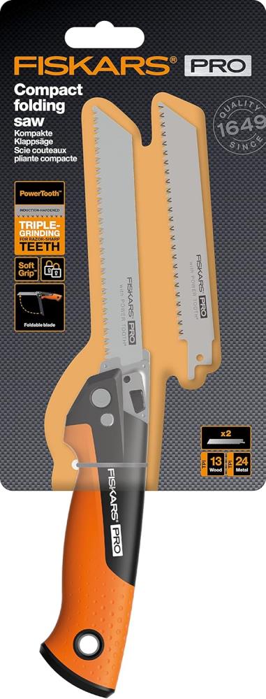 Schwarz/Orange Fiskars Pro Kompakte Klappsäge, Inkl. 2 Sägeblättern - 15 Cm Sägeblatt