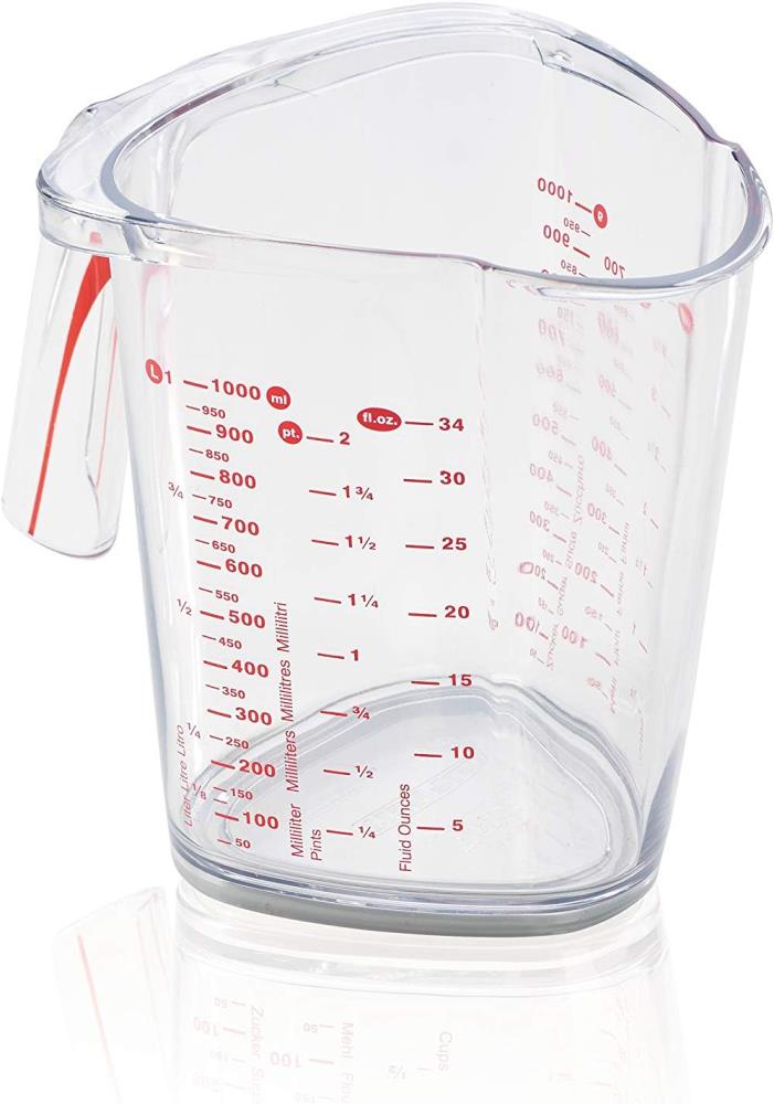 Leifheit Messbecher 1L, Mit Mehrsprachigen Messskalen Für Mehl, Zucker Und Flüssigkeiten, Gummierter Boden, Spülmaschinengeeignet, Ideal Zum Backen