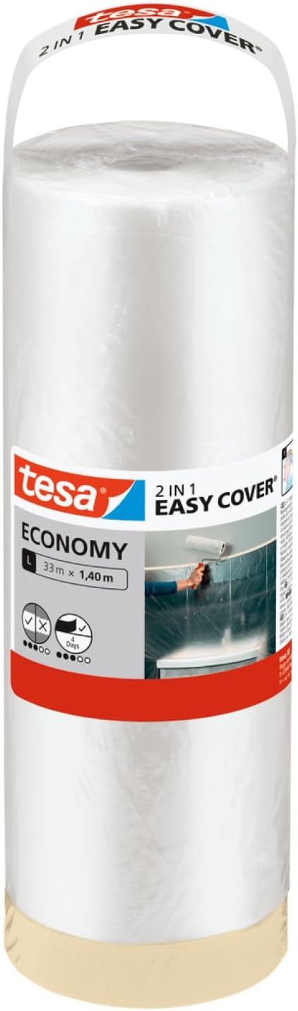 tesa 2 in 1 Malerfolie zum Abdecken und Kreppband zum Abkleben Easy Cover ECONOMY Folie für Malerarbeiten - 33 m x 140 cm
