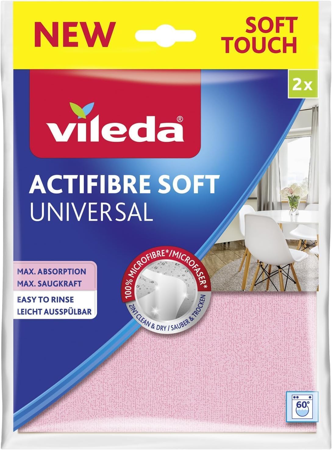 Vileda Actifibre Soft Universal, 2er Set MikrofasertüCher - streifenfreie ReinigungstüCher mit extrem hoher Saugkraft für Küchen & Bad - saugstarkes Mikrofasertuch ohne Chemie - Rosa & Grau
