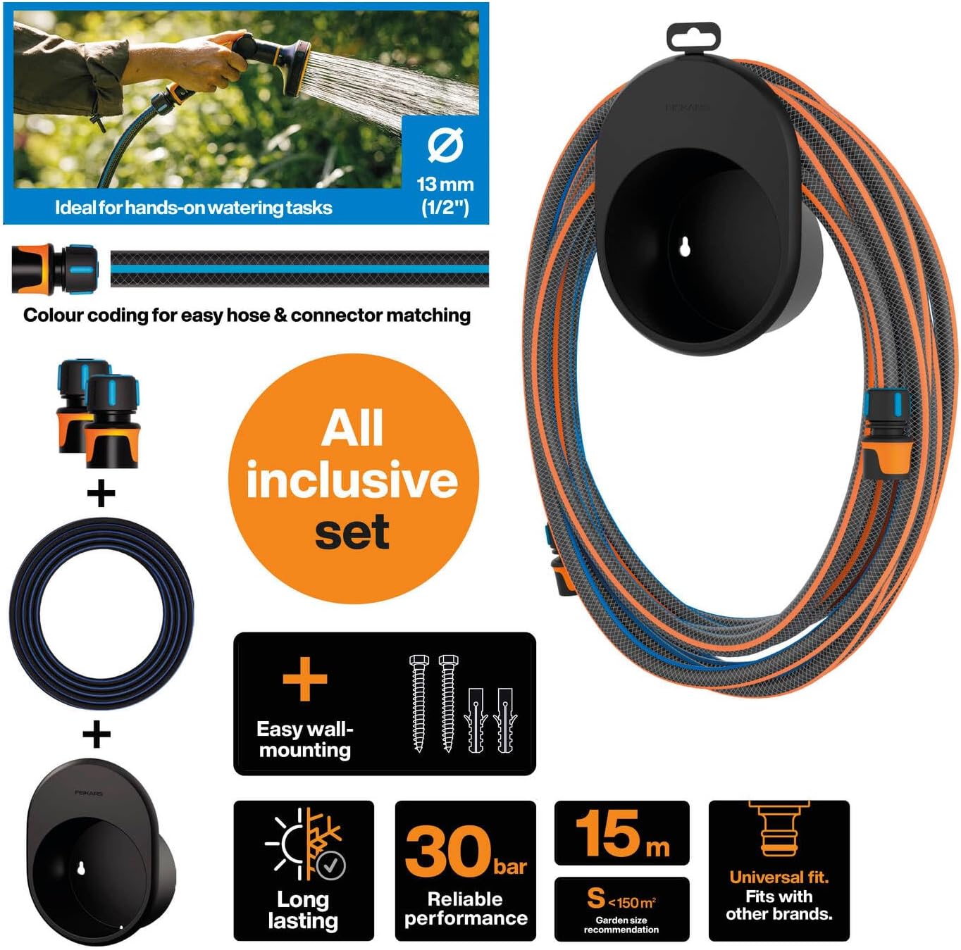 Schwarz/Orange Fiskars Schlauch-Set 15 M (1/2") Mit Wandhalterung – Komplettset Für Gartenbewässerung
