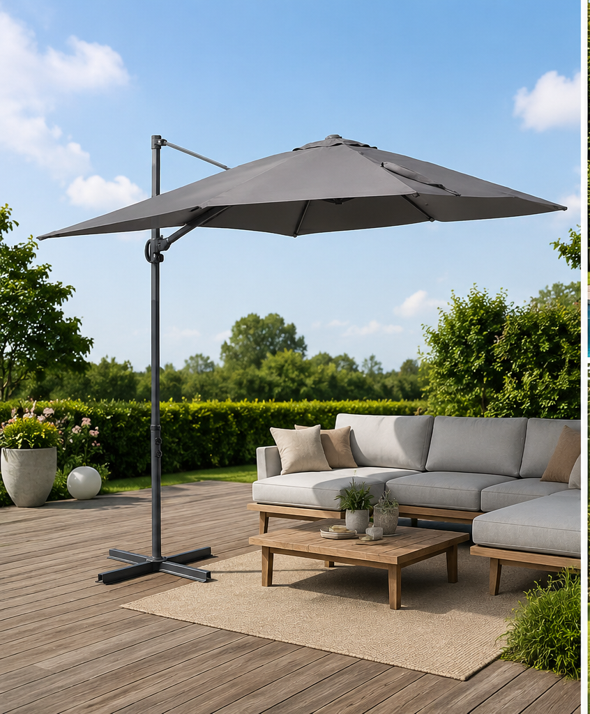 Ampelschirm 2,5 × 2,5 m Anthrazit mit Plattenständer – verstellbarer Sonnenschirm für Garten und Terrasse