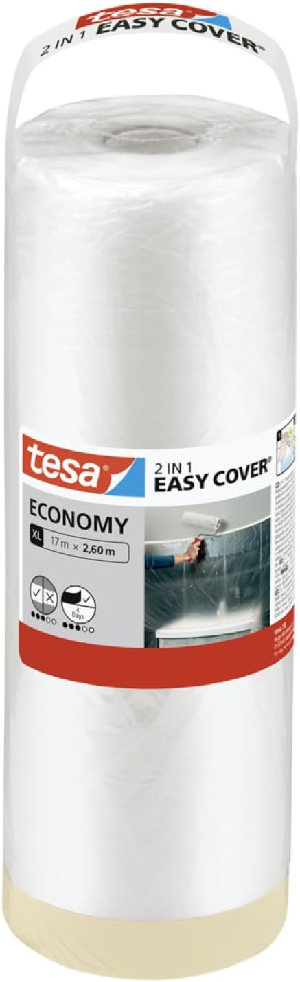 tesa 2in1 Malerfolie zum Abdecken und Kreppband zum Abkleben Easy Cover ECONOMY Folie für Malerarbeiten - 17 m x 260 cm
