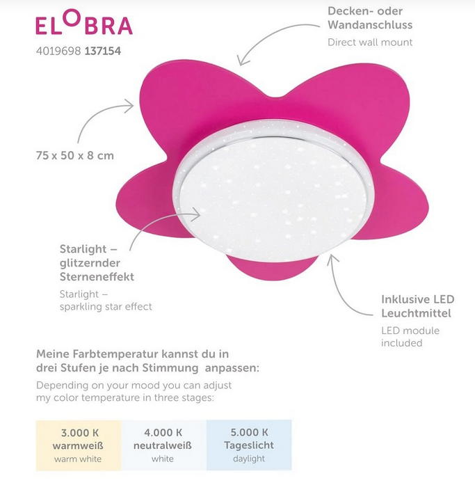 Elobra 16689210 Deckenleuchte Blume Starlight pink/weiß - B Ware