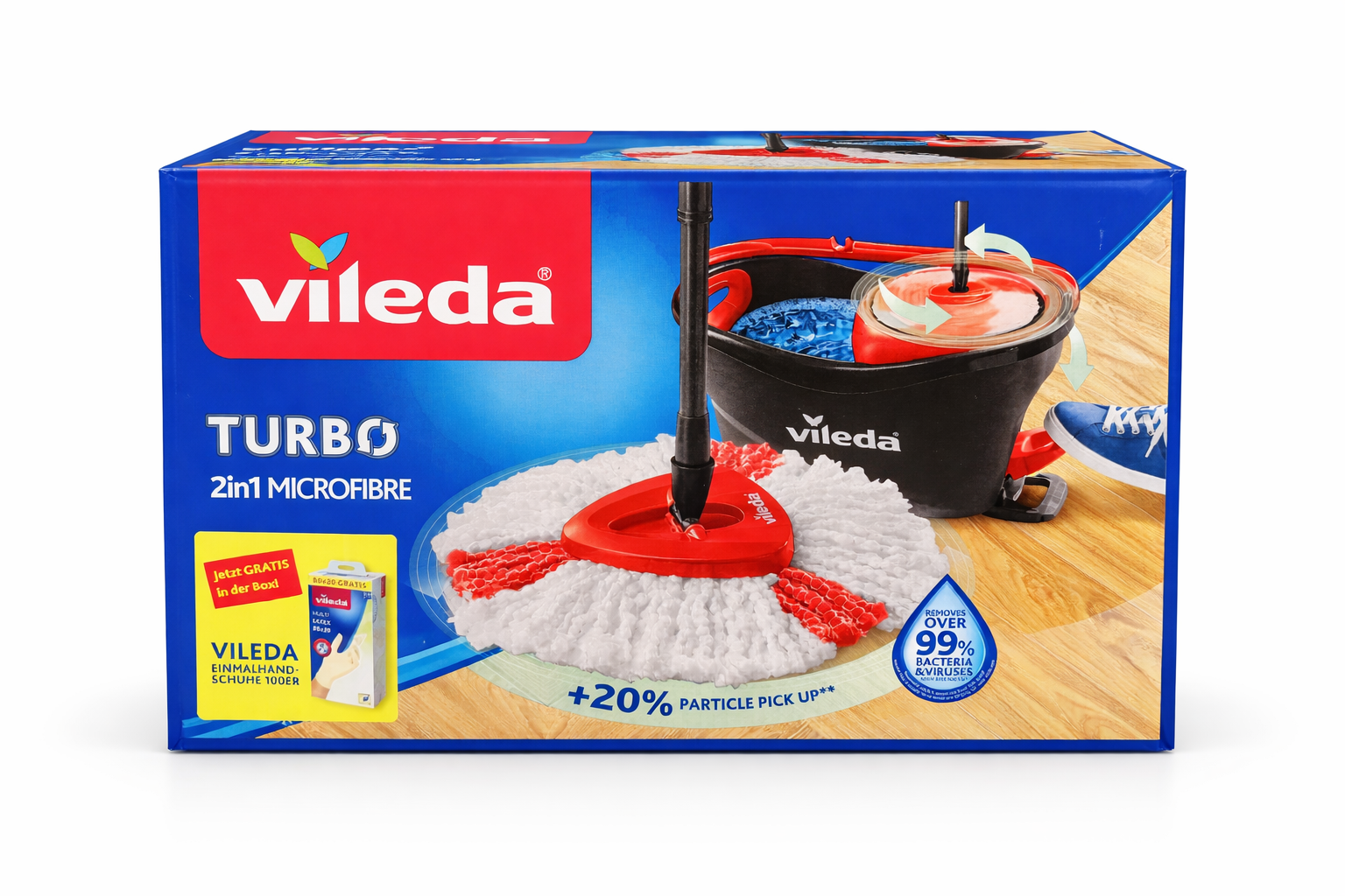 Rote Vileda Turbo 2In1 Bodenwischer Teleskopstiel Set Mit Wischmopp Und Eimer Inkl. Multi Latex Handschuhe - Neu