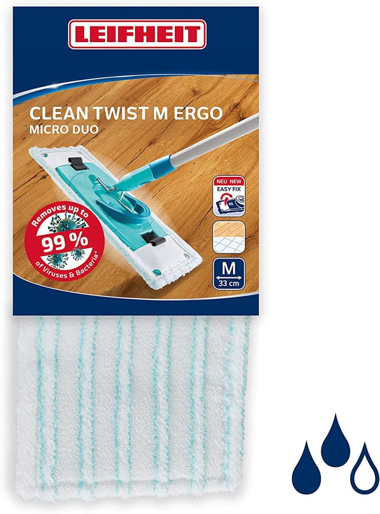 Leifheit Wischbezug Clean Twist M Ergo micro duo, für alle Bodenarten, Bodenwischer Ersatzbezug für ideale Schmutzaufnahme dank 2-Faser-System, Mikrofaser Bezug ideal für Fliesen und Laminat