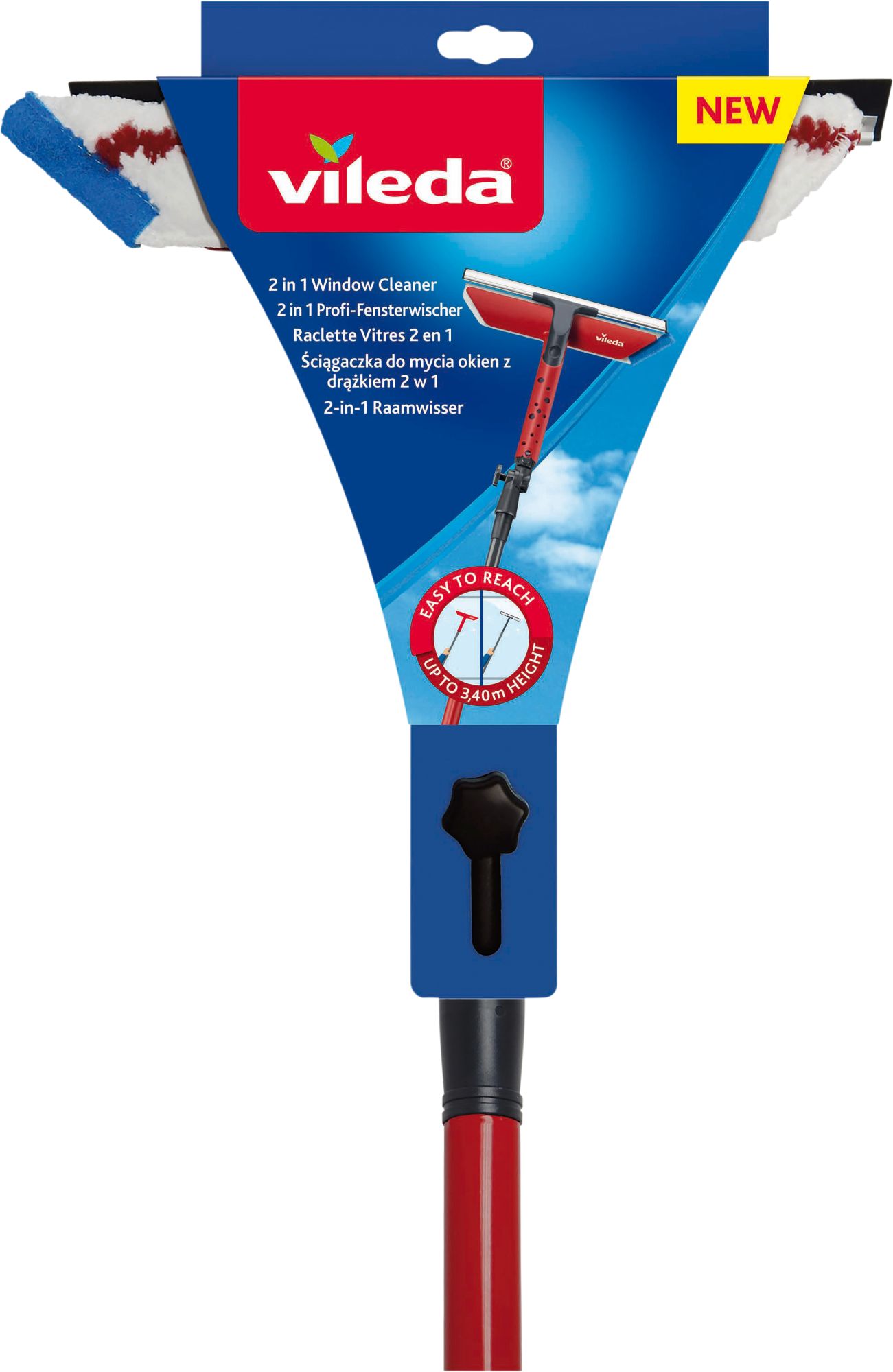 Vileda Fensterwischer mit Stiel 2 in 1 Abzieher und Einwascher 75 - 130 cm