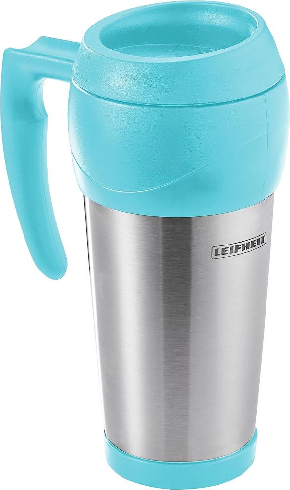 LEIFHEIT 25769 Kaffee-/ Thermo-/ Isolier-/ Trink-/ Edelstahl becher to go 0,5L, mit Henkel für heiße und kalte Getränke, aus hochwertigem Edelstahl, für unterwegs, travel mug, blau - OVP