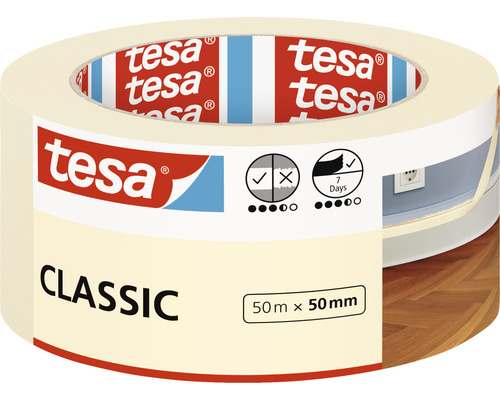 tesa Malerband CLASSIC - Abdeckband zum Abkleben bei Malerarbeiten - lösungsmittelfrei, rückstandslos entfernbar - 50 m x 50mm