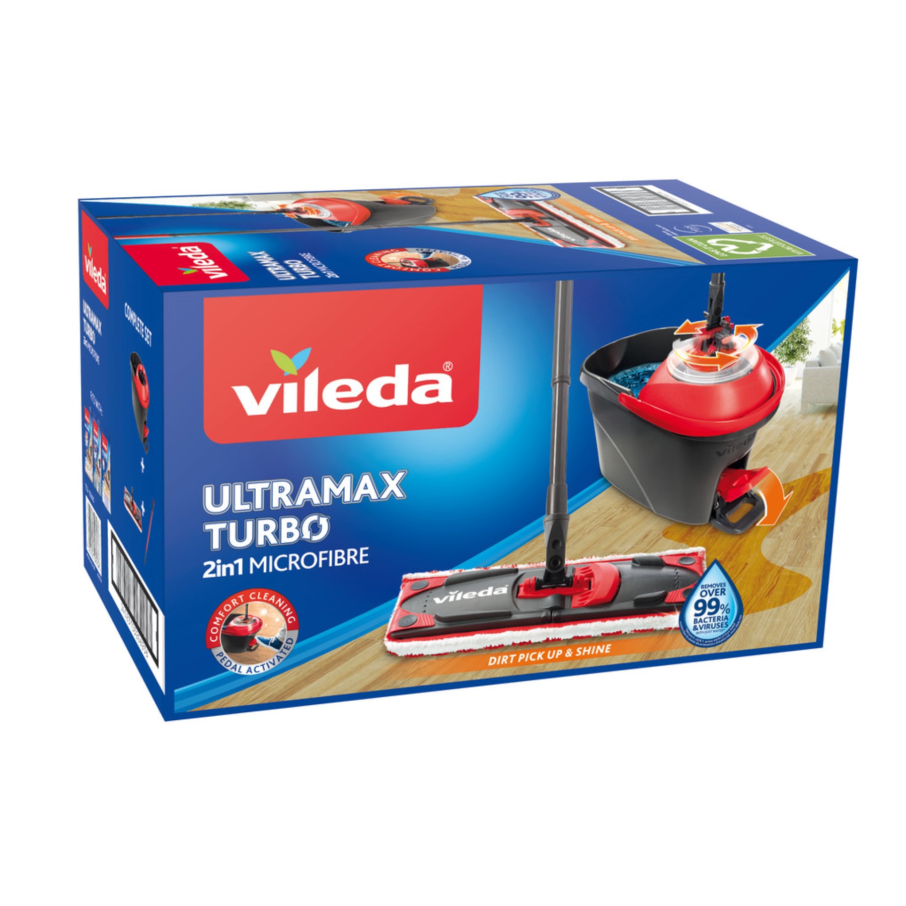 Vileda Ultramax Turbo 2in1 Bodenwischer Komplett Set, Wischmopp mit Stiel, Mikrofaserbezug und Eimer mit Powerschleuder, für alle Hartböden, Stiellänge 75-130cm