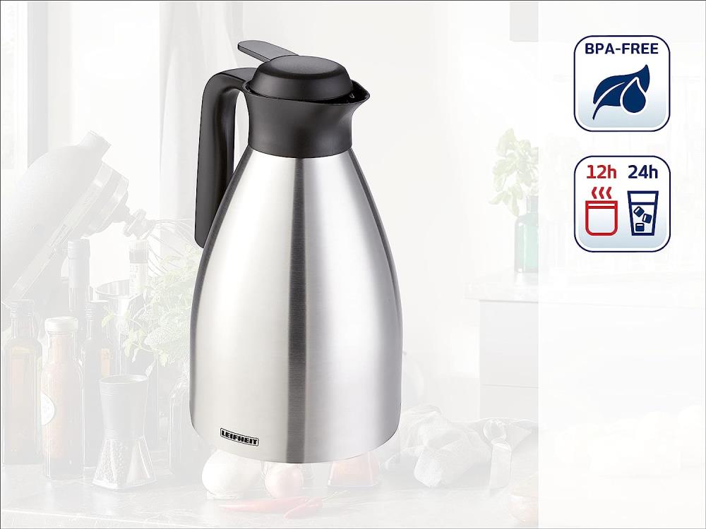 LEIFHEIT 28507 Shine 1, 5 L Isolierkanne, 100% dicht, Thermoskanne mit doppelwandigem Edelstahl-Isolierkörper, praktisches Öffnen und Schließen mit einer Hand, Kaffekanne, Teekanne, silber schwarz - OVP