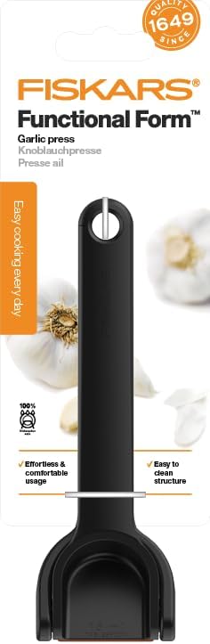 Schwarz/Orange Fiskars Knoblauchpresse Mit Ausklappbarem Gittereinsatz Und Schaber 16 Cm - Neu