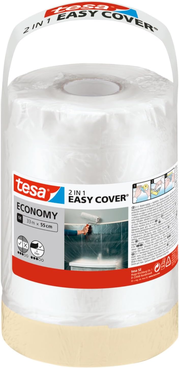 tesa 2 in 1 Malerfolie zum Abdecken und Kreppband zum Abkleben Easy Cover ECONOMY Folie für Malerarbeiten  - 33 m x 55 cm