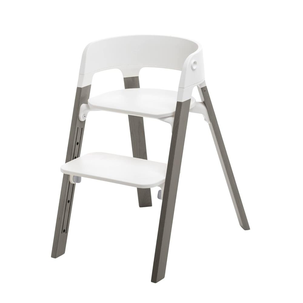 Stokke Steps Stuhl – Beine Hazy Grey & Sitz White – 5-in-1 Sitzsystem – Verwandelbar in den Newborn + Kleinkind Hochstuhl – Für diverse Altersstufen oder bis 84 kg – Werkzeuglos verstellbar & stylish